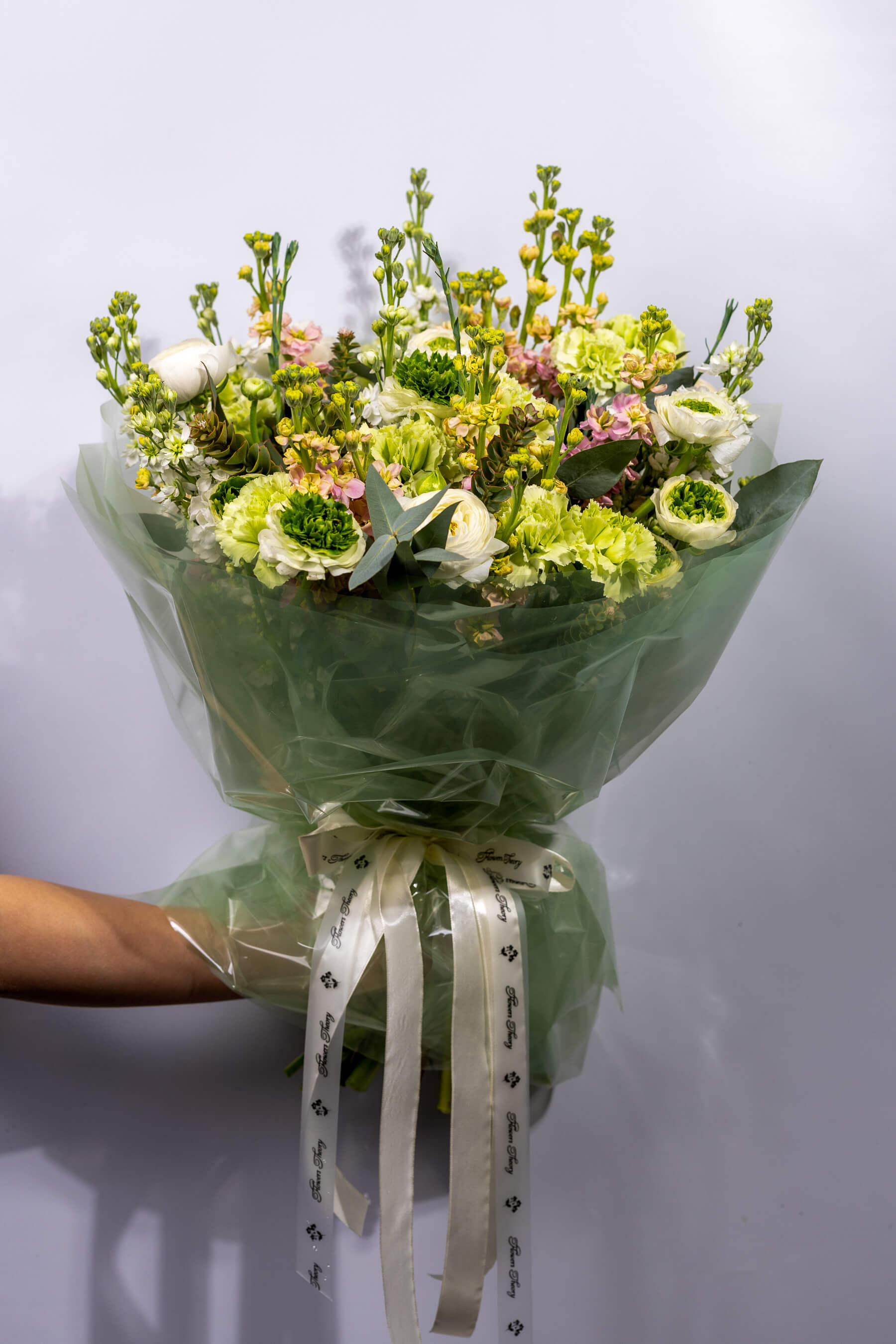 "Soft Garden" букет - ранункулюсы, гвоздики, эвкалипт - Thumbnail 1 of 2 | Flowers Theory