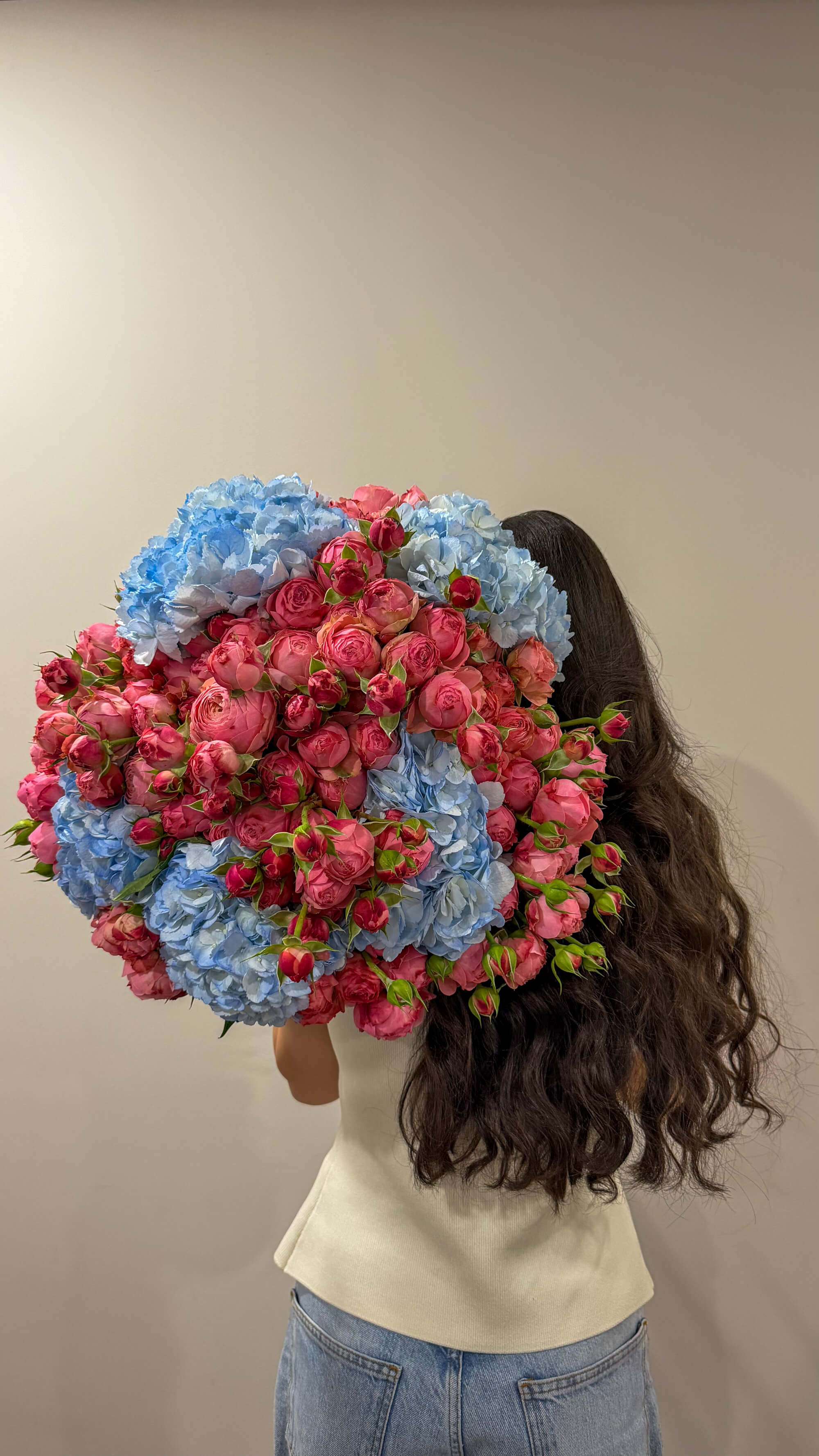 Peony roses and hydrangeas: pink and blue bouquet - Thumbnail 1 of 2 | Flowers Theory
