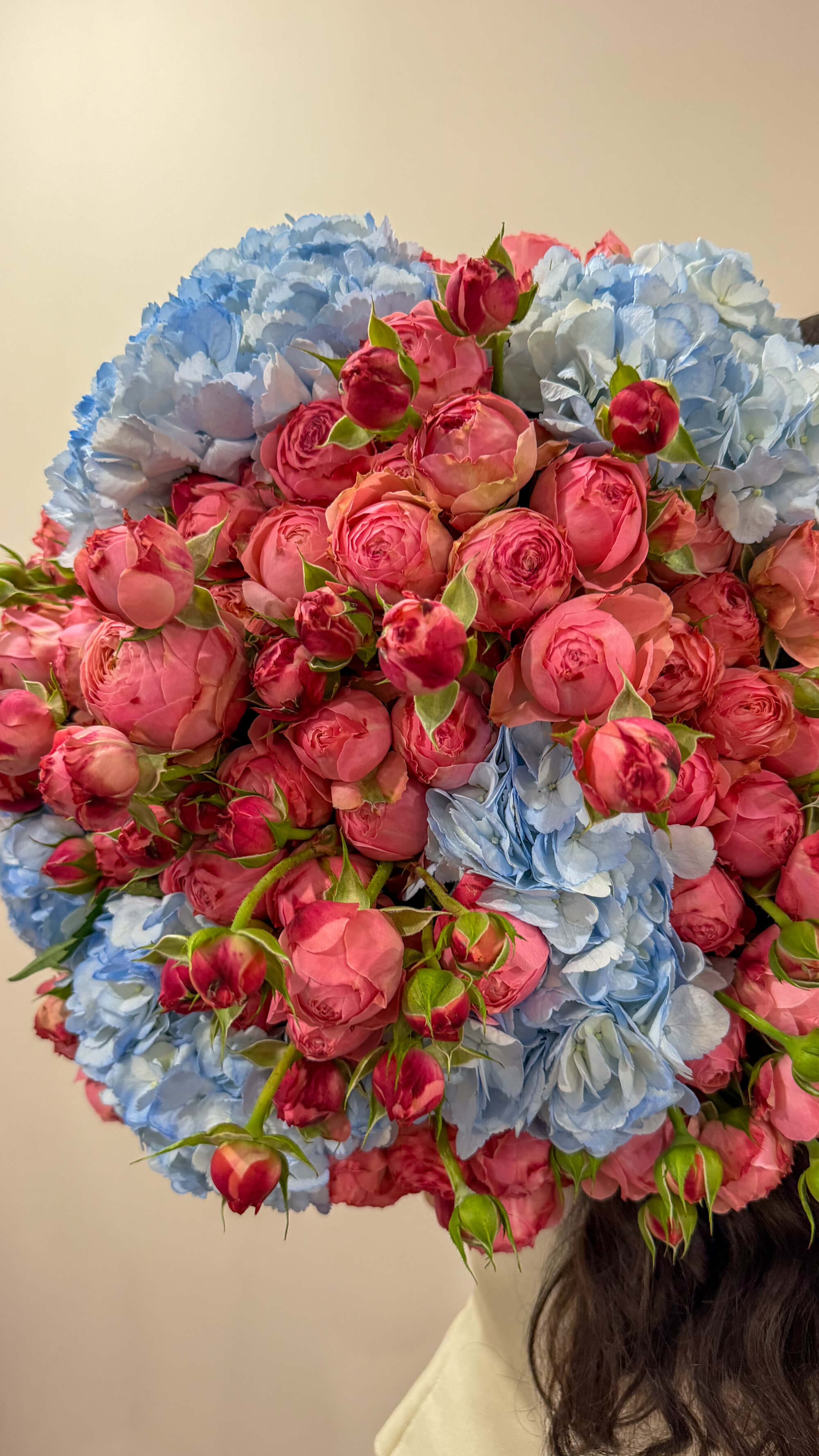Peony roses and hydrangeas: pink and blue bouquet - Thumbnail 2 of 2 | Flowers Theory
