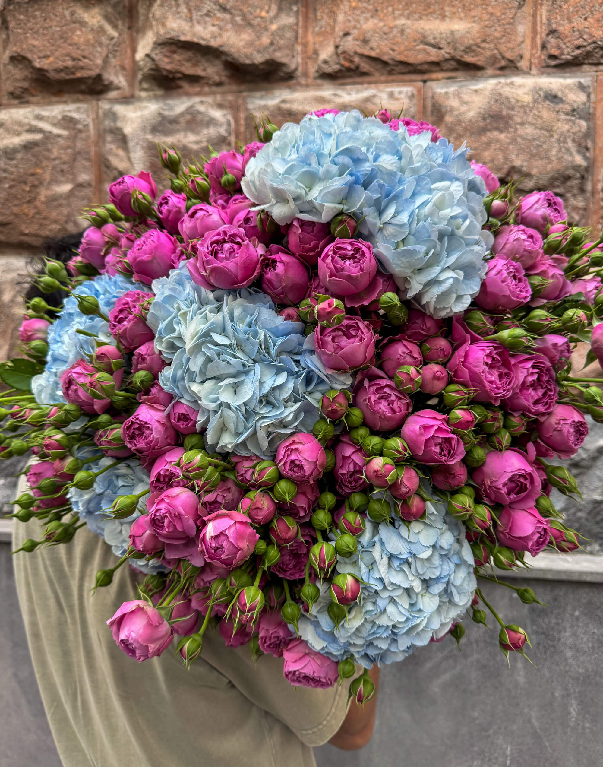 Purple Peony Roses and Ocean Blue Hydrangeas - Thumbnail 1 of 2 | Flowers Theory