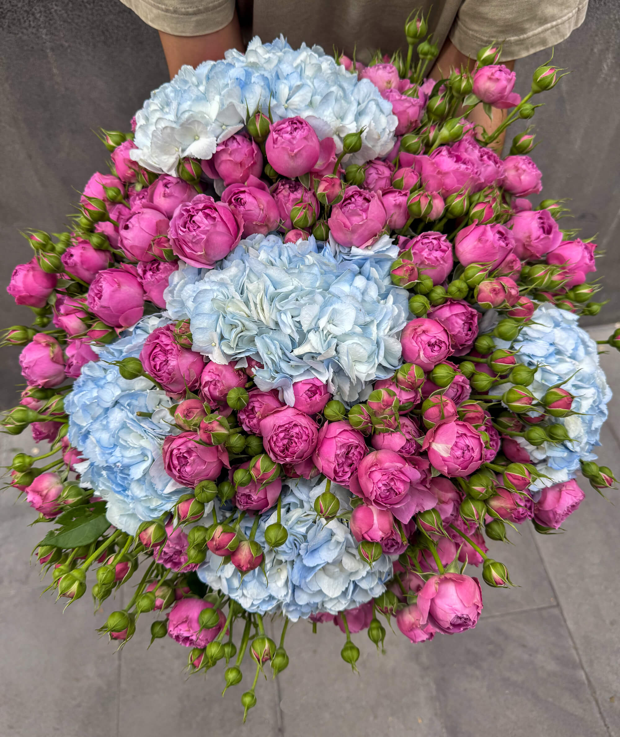 Purple Peony Roses and Ocean Blue Hydrangeas - Thumbnail 2 of 2 | Flowers Theory