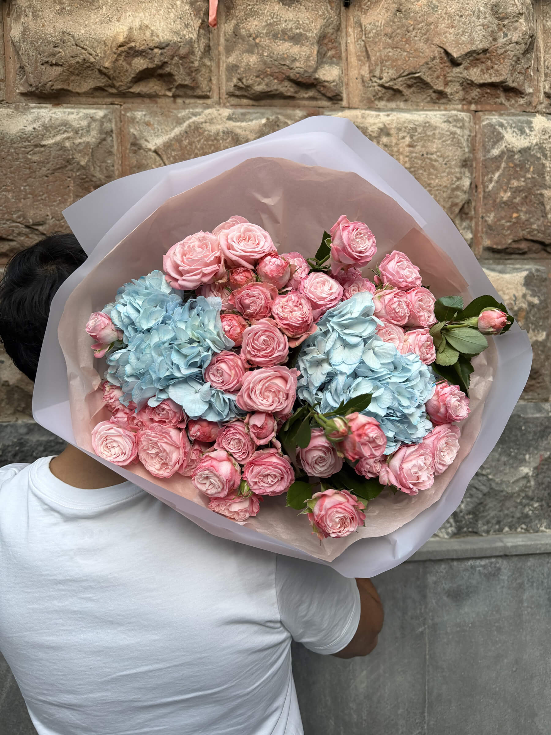 Pink Spray Rose & Blue Hydrangea Bouquet, Pastel Wrap - Thumbnail 1 of 2 | Flowers Theory