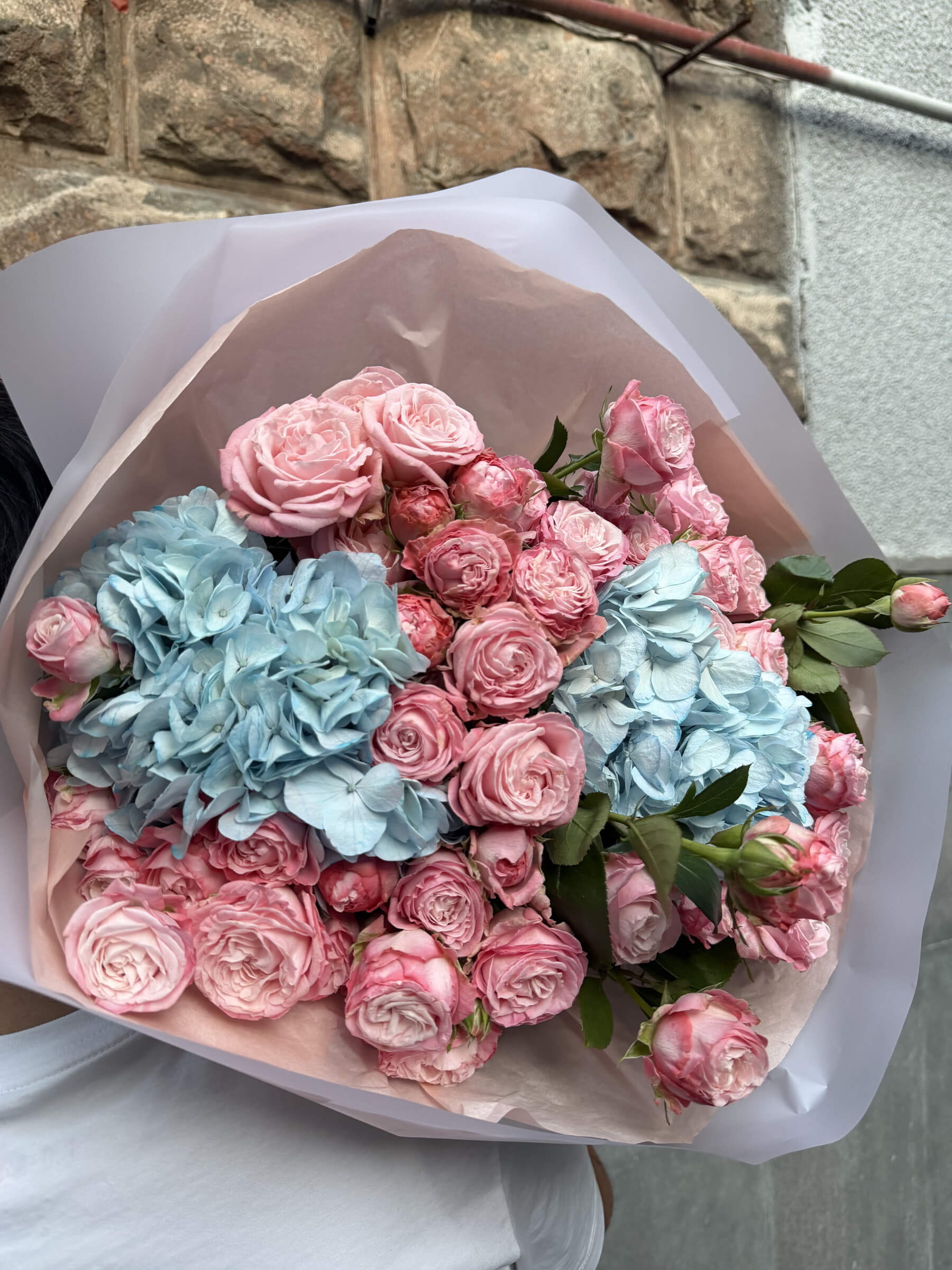 Pink Spray Rose & Blue Hydrangea Bouquet, Pastel Wrap - Thumbnail 2 of 2 | Flowers Theory